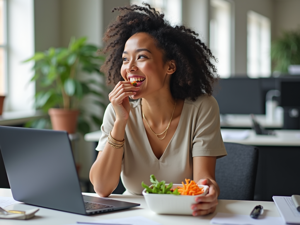 Person eating a healthy meal at work.