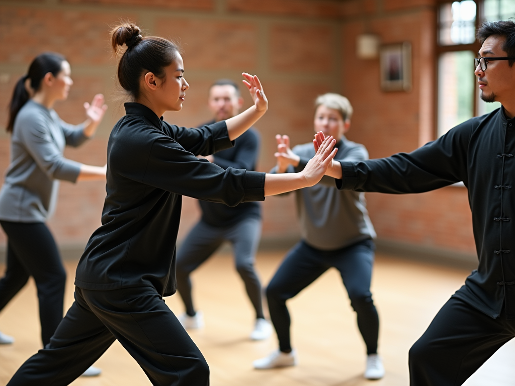 A Tai Chi class in session, demonstrating the learning process.