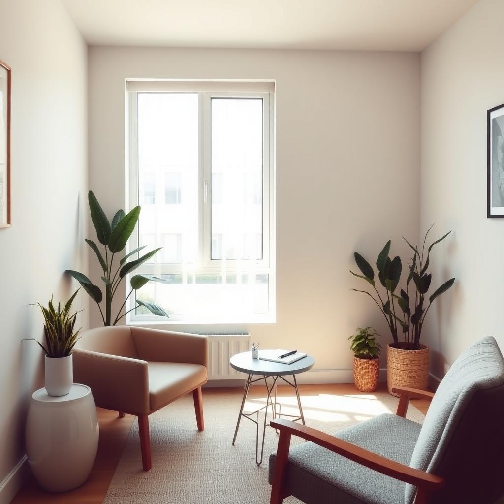 A cozy therapy room with natural light, a chair, a table with a notebook, and calming decor.