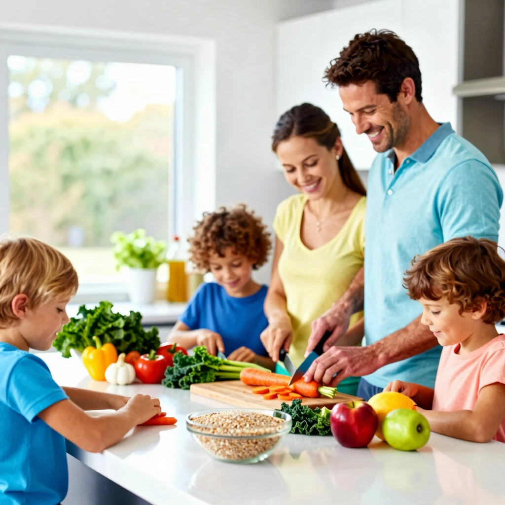 Family cooking a nutritious meal together in the kitchen