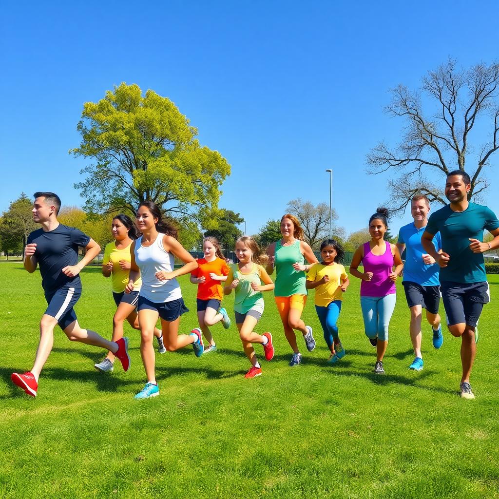 A group of beginner runners, including adults and children, jog in a sunny park during a family fun run, wearing colorful athletic gear.