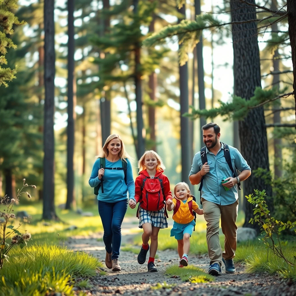 Family of four happily hiking on a forest trail