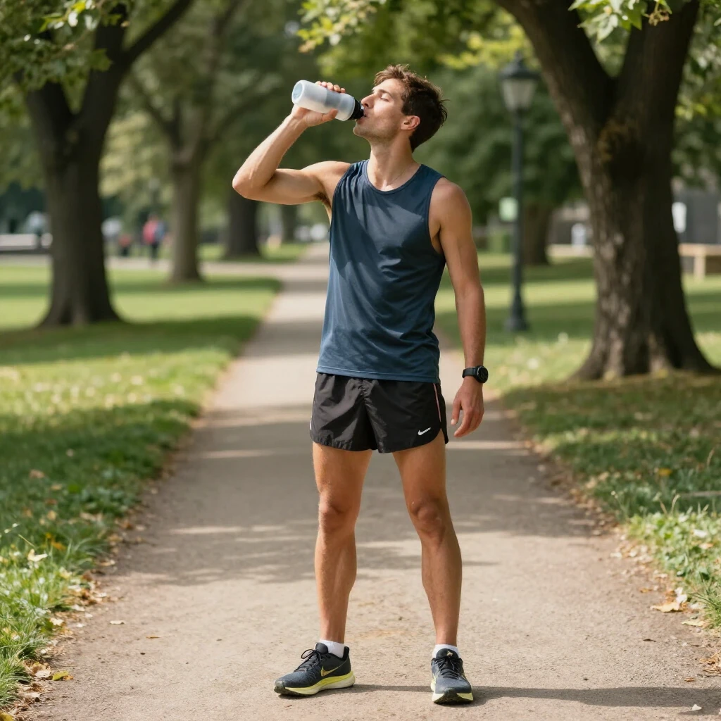 Endurance athlete staying hydrated by drinking water during a long run in a park