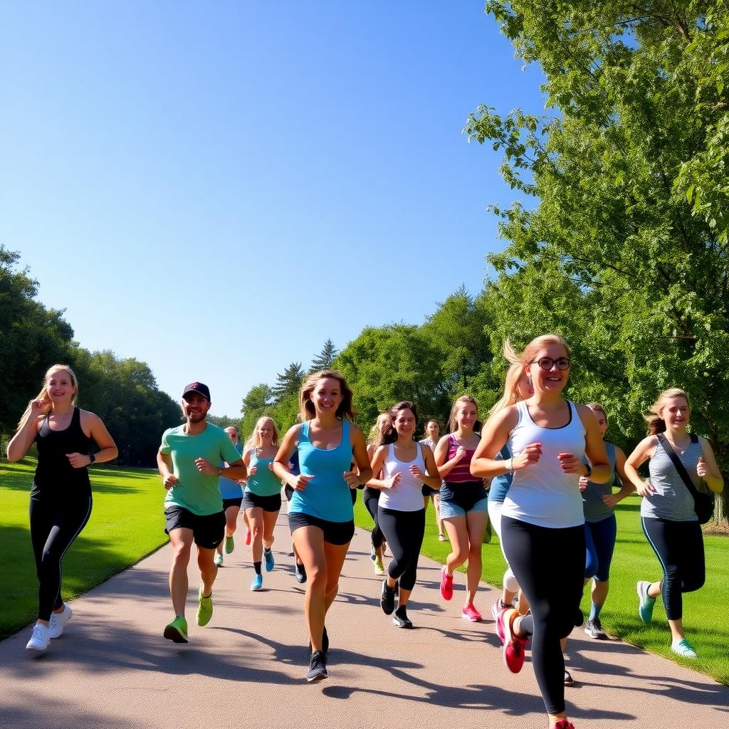 A group of beginners jogging in a sunny park surrounded by green trees.