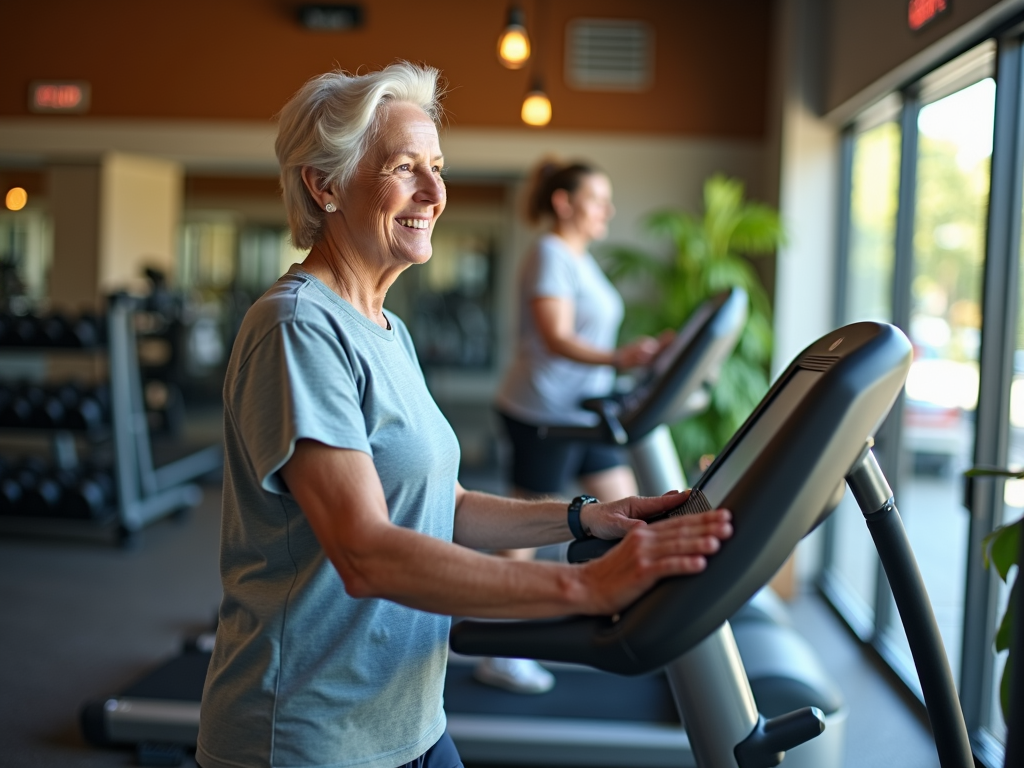 A senior walking on a treadmill, with a smile on their face.