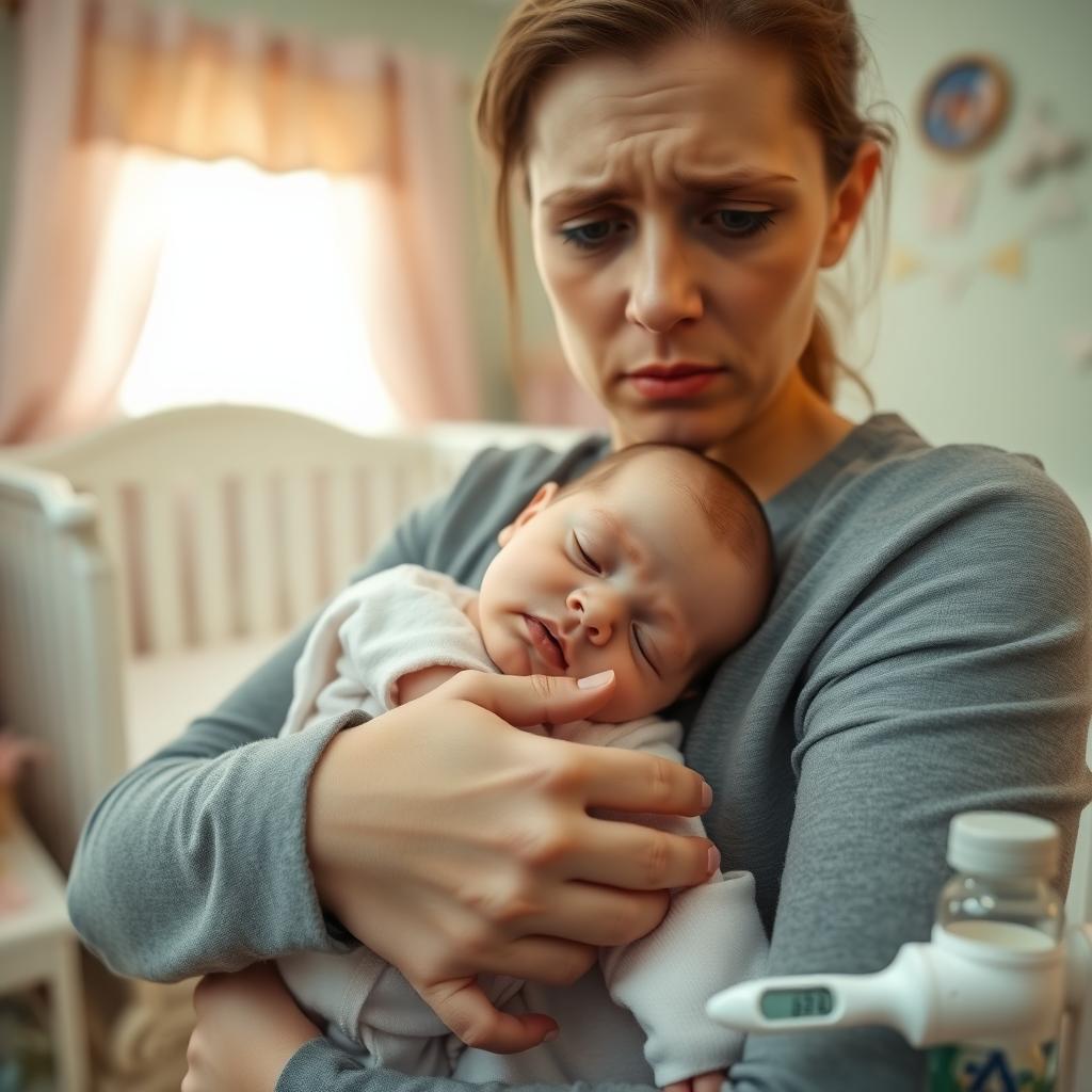 A parent holding a pale infant in a nursery, looking concerned, with medical items on a table.