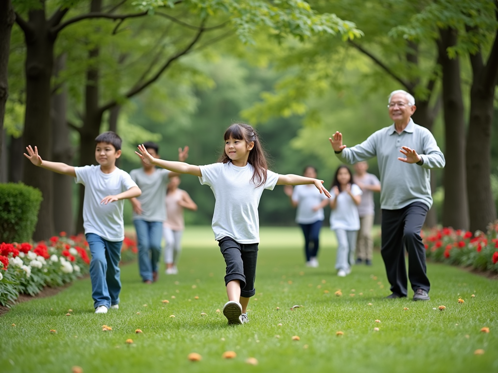 Group of all ages practicing Tai Chi in a park