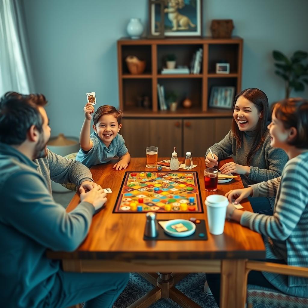 A family of four laughs together while playing a board game in a cozy living room.