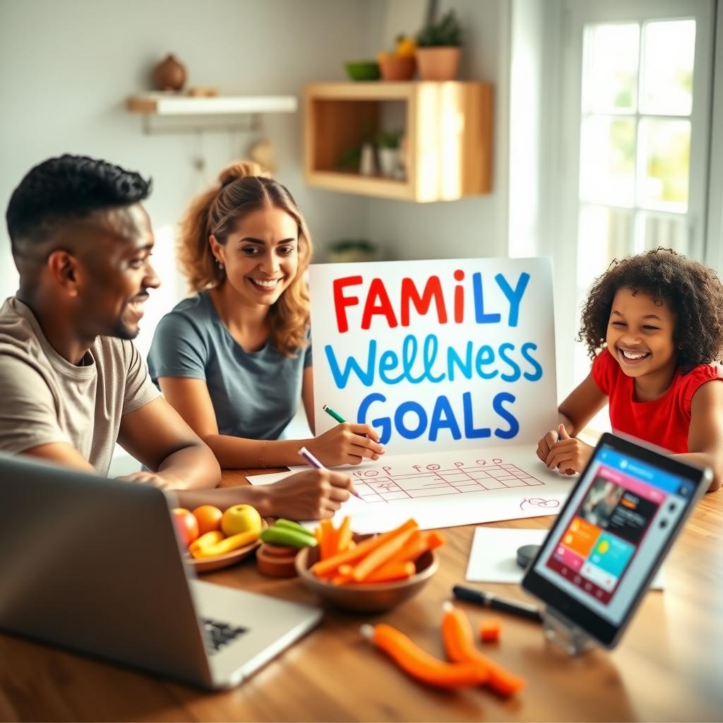 A family of four happily planning their wellness program at a kitchen table with a goal poster and healthy snacks.
