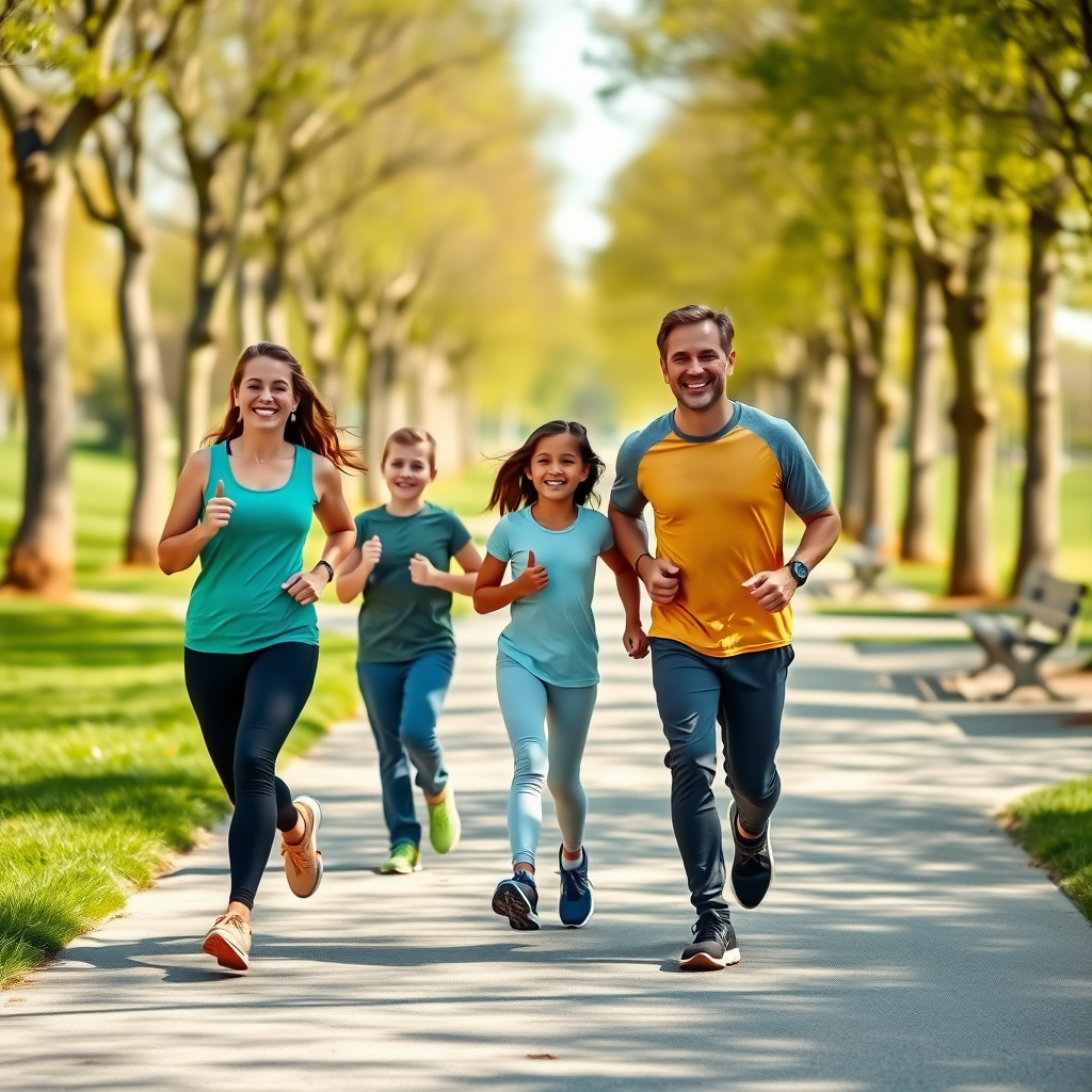 Happy family jogging in a park together