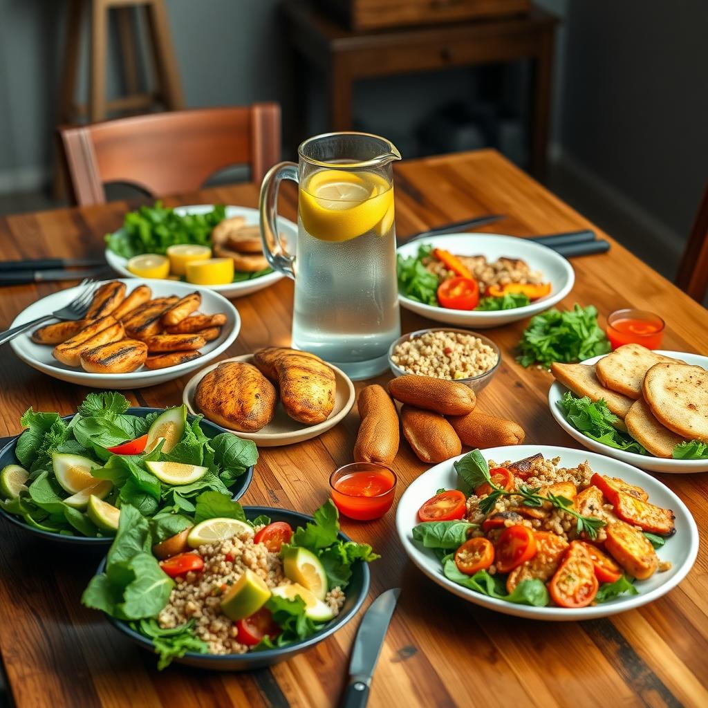 Healthy family dinner with grilled chicken, vegetables, and quinoa on a wooden table