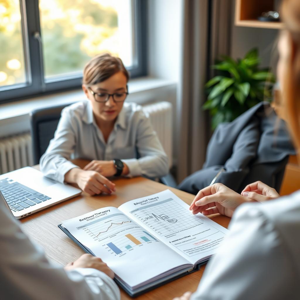 A person and therapist reviewing behavioral therapy progress at a desk with a notebook and coffee.