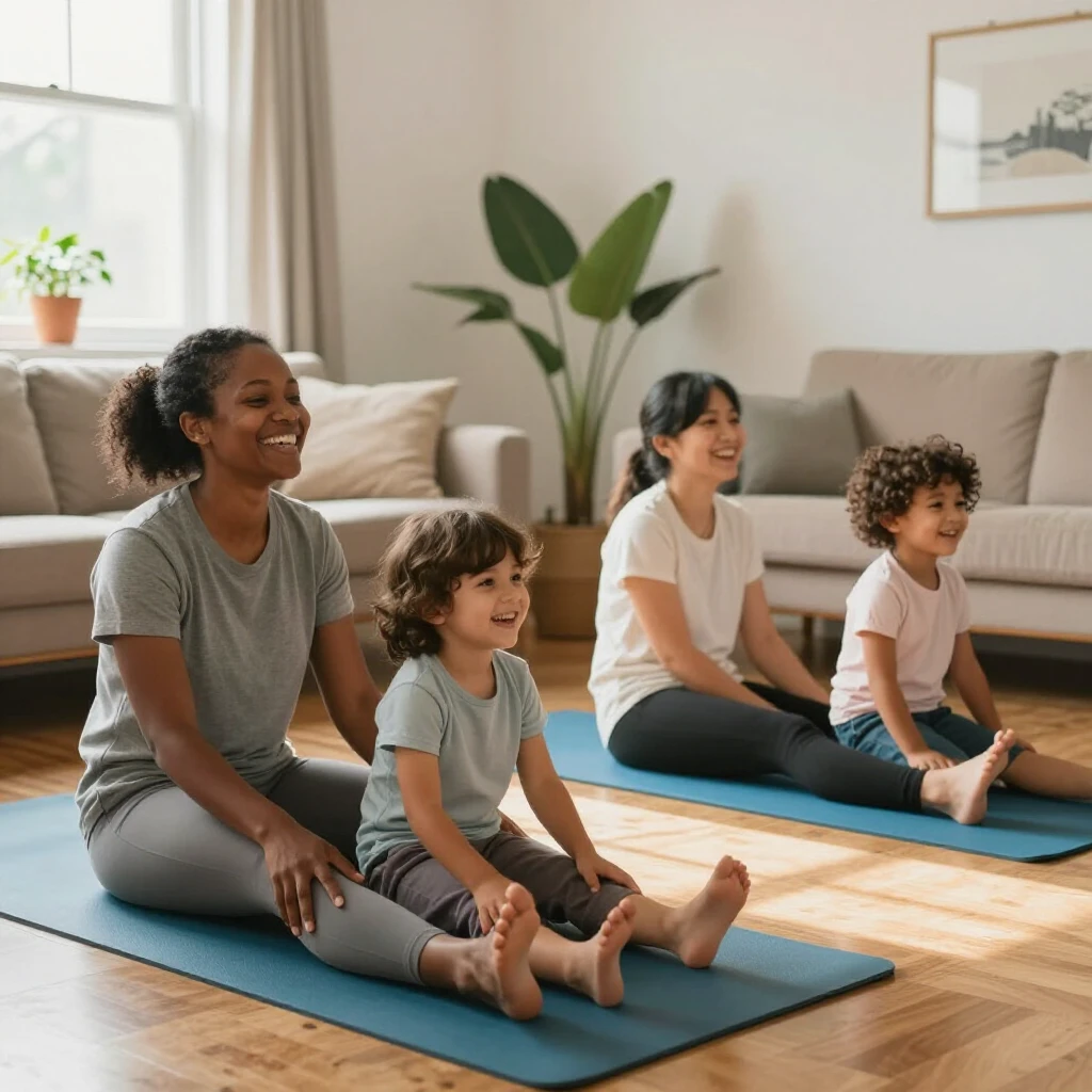 Family enjoying yoga stretches at home