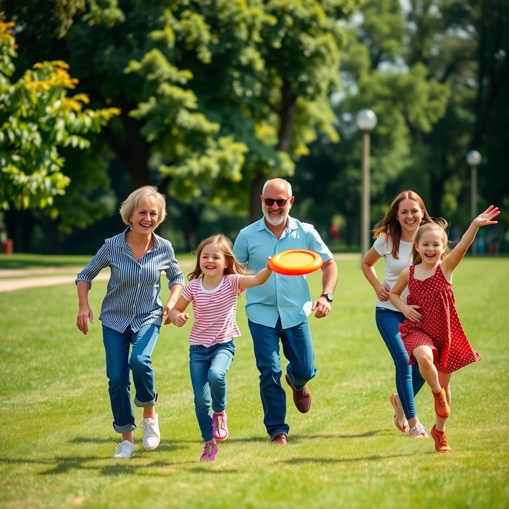 Multi-generational family enjoying a game of frisbee in a sunny park