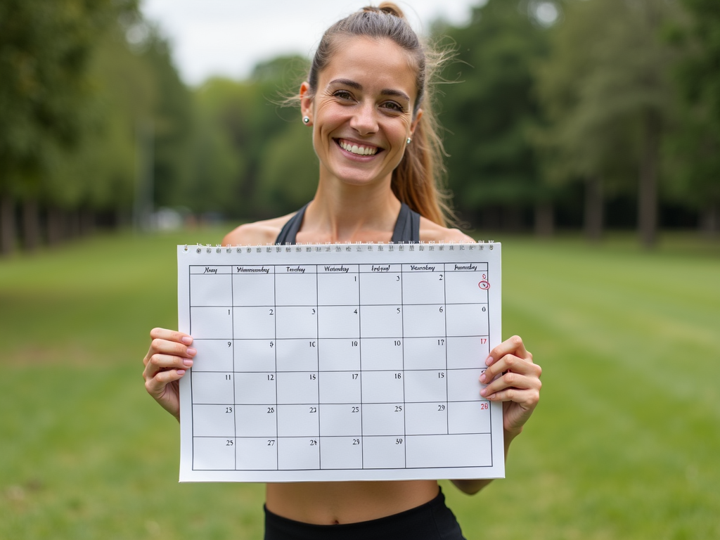 A person celebrating with a 30-day calendar in a park.