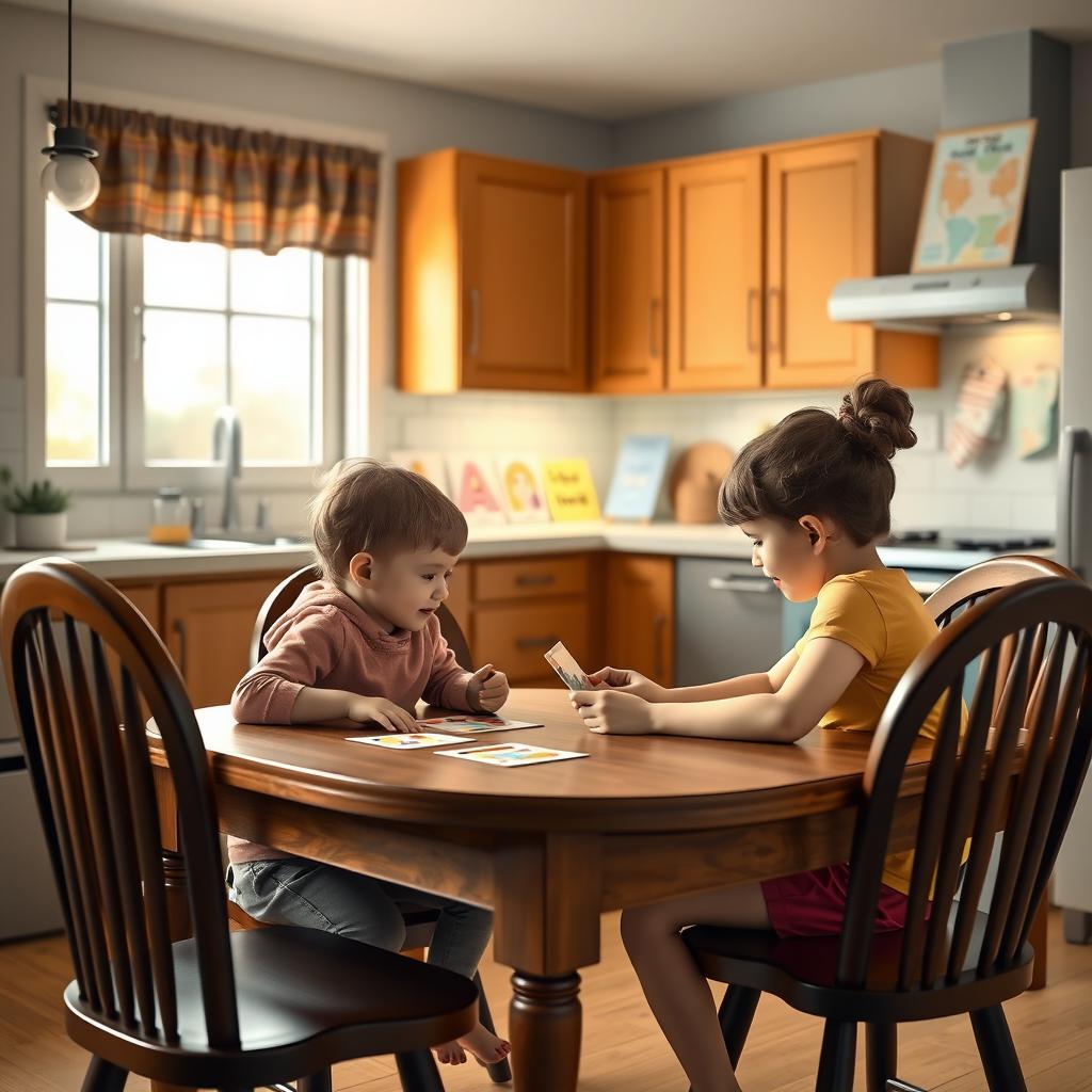 Parent and child at a kitchen table during an Applied Behavior Analysis session with flashcards and a reward chart.