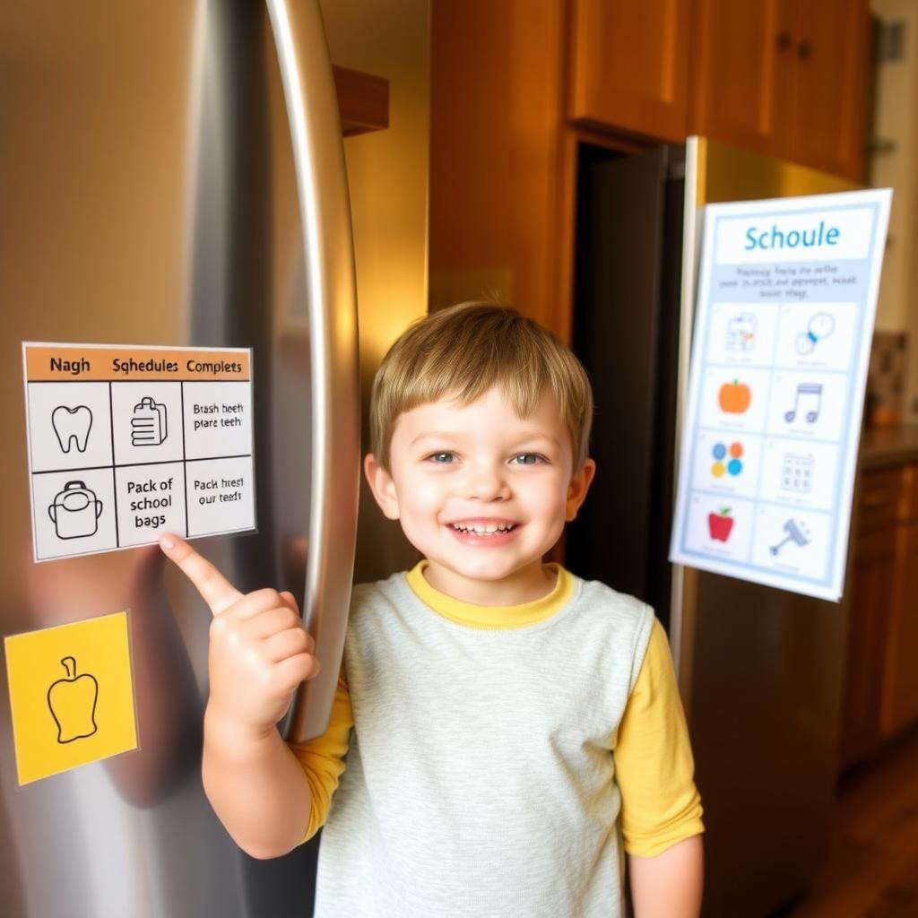 A child with autism smiling and pointing to a completed visual schedule on a fridge, with bright task icons and checkmarks.