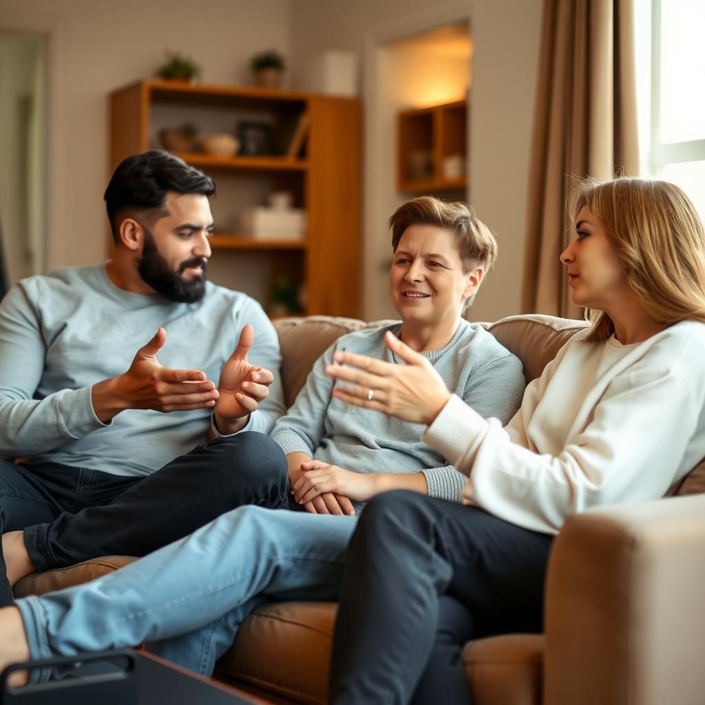 A family sits together in a cozy living room, talking and listening attentively.