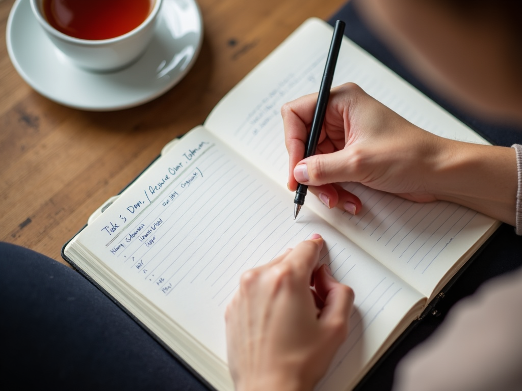 Individual journaling about their weight loss journey with tea.
