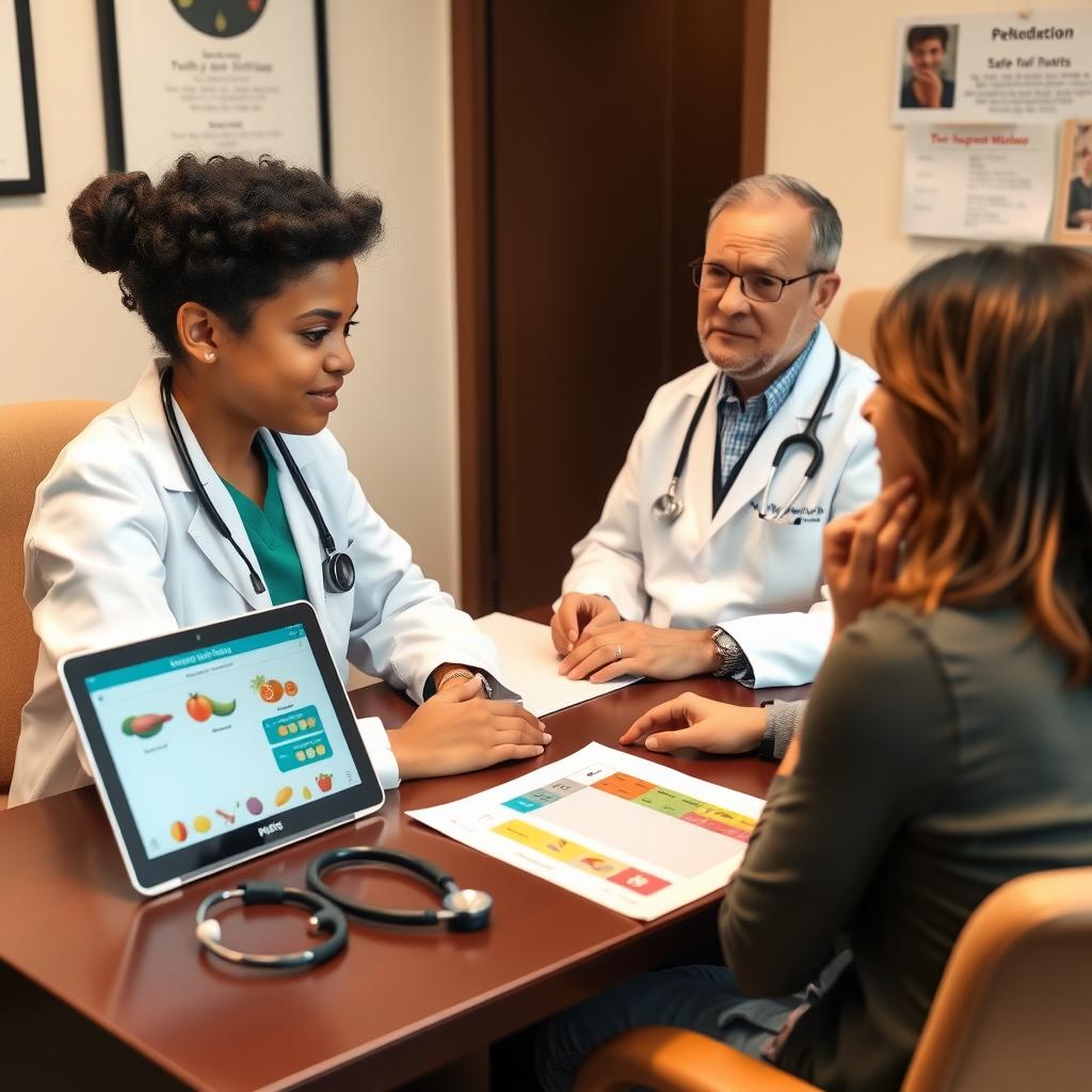 A pediatrician discussing an FPIES action plan with a parent in a cozy office.