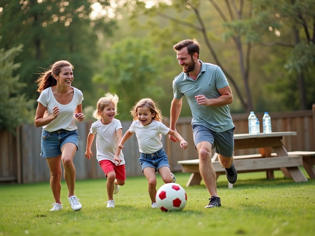Family playing soccer together