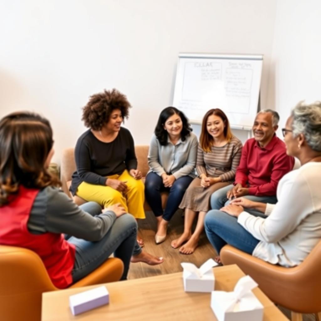 A family in a therapy session sitting in a circle with a therapist in a warm, modern room.