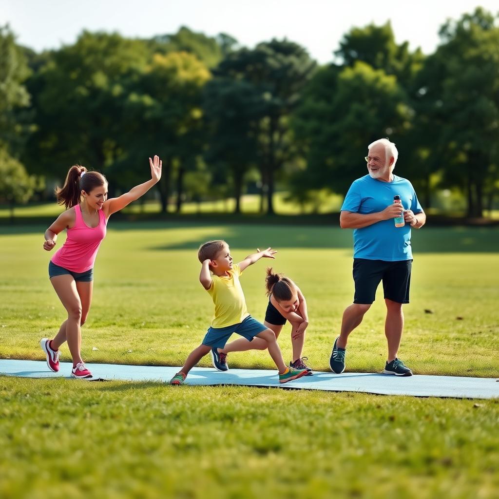 A family stretching together in a park before a 5K training session.