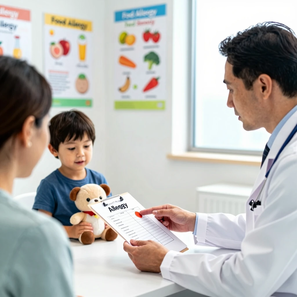 Pediatrician discussing food allergies with parents and child