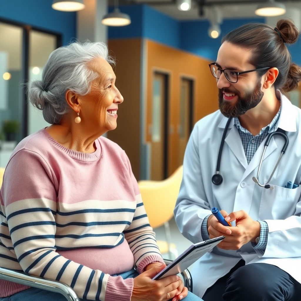 Elderly patient discussing health concerns with a doctor in a clinic setting, highlighting access to care.