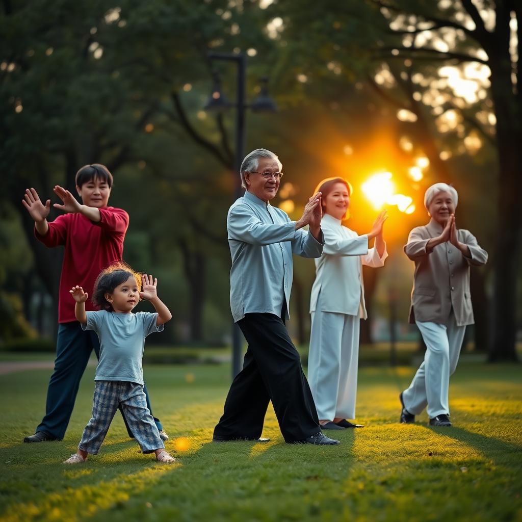 A family of four practicing Tai Chi in a peaceful park at sunrise, surrounded by trees and soft morning light.