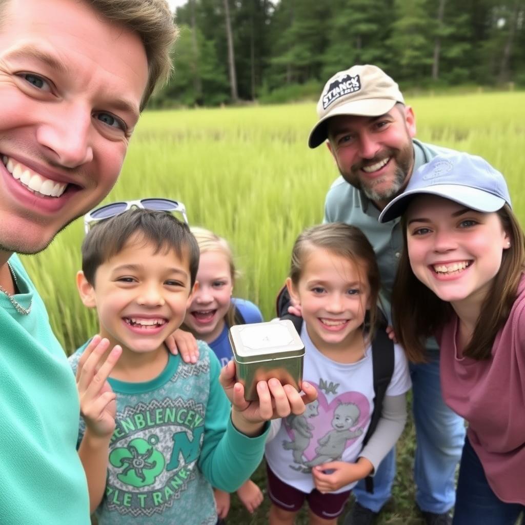 A family celebrating a geocache discovery in a field.