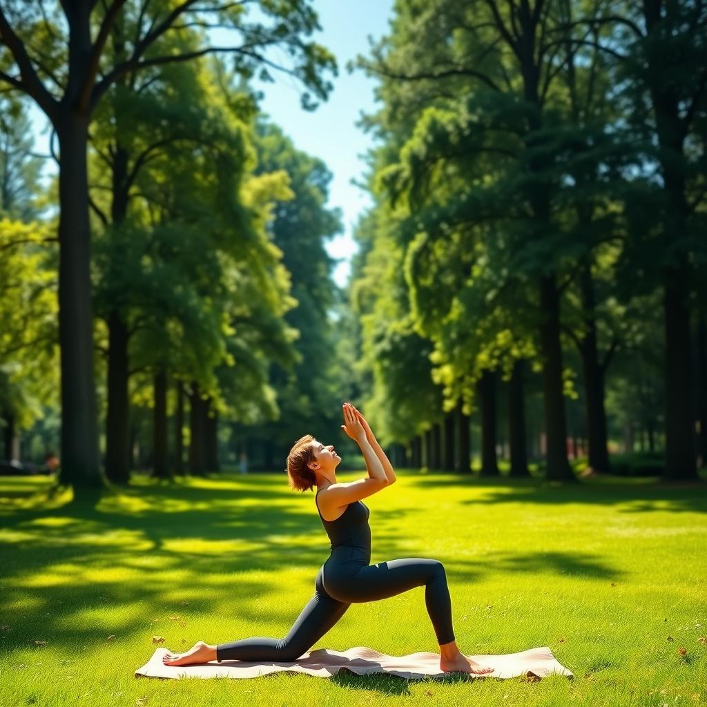 Person practicing Child’s Pose in a lush green park with trees and soft sunlight.