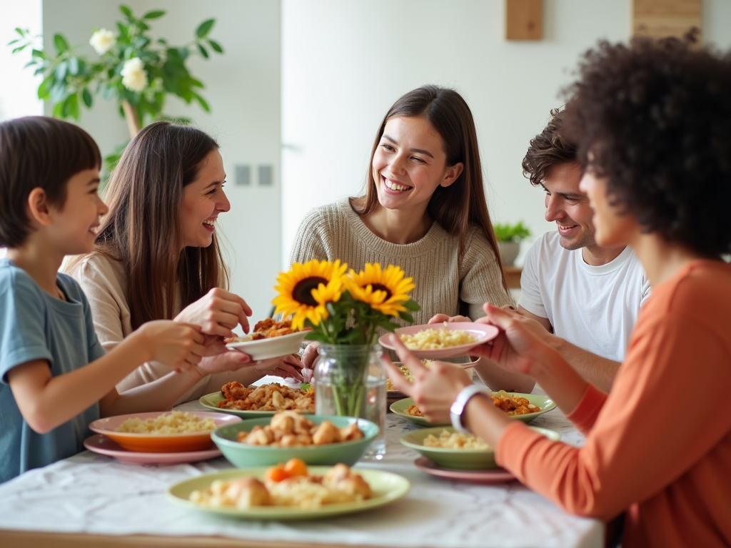 A family sharing a meal together at the dining table.