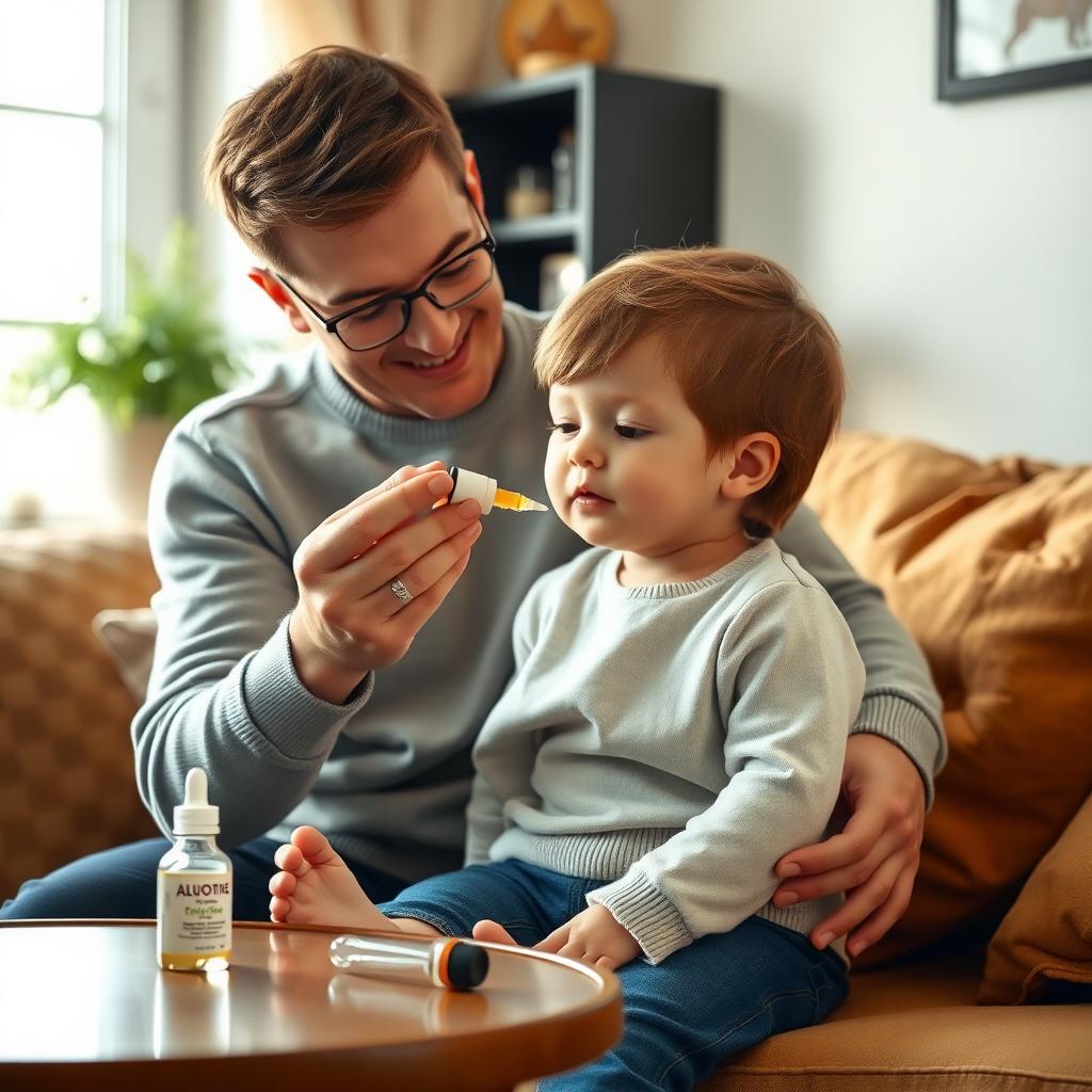 Parent administering oral allergen immunotherapy drops to a young child at home