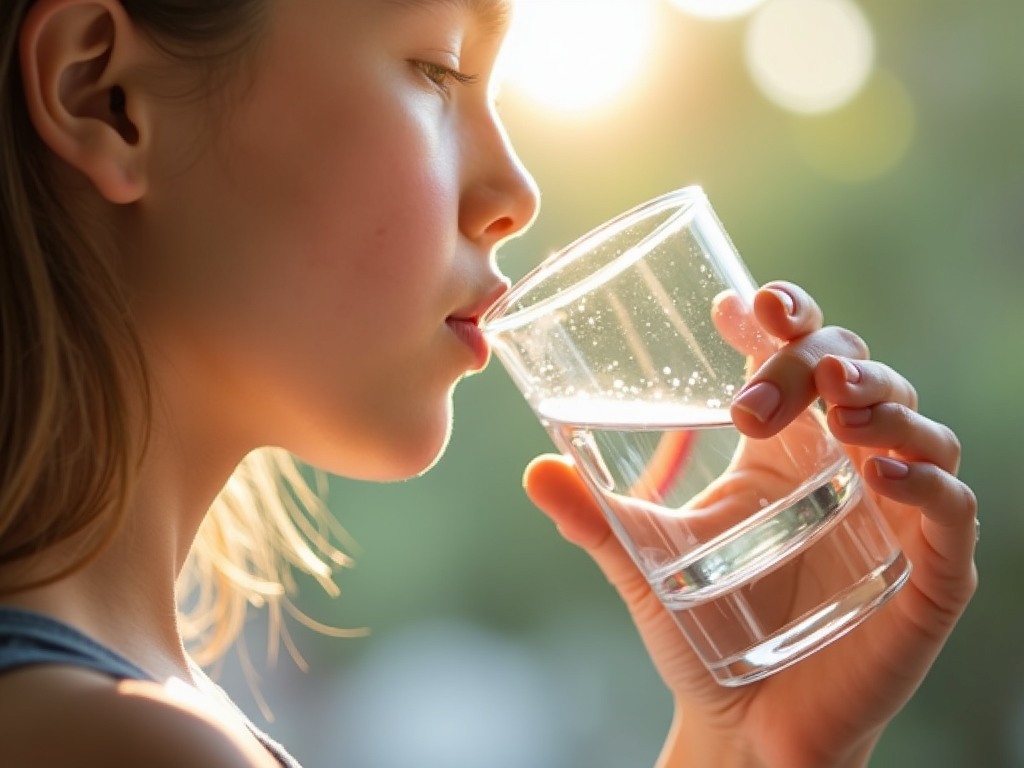 A person drinking water from a glass.