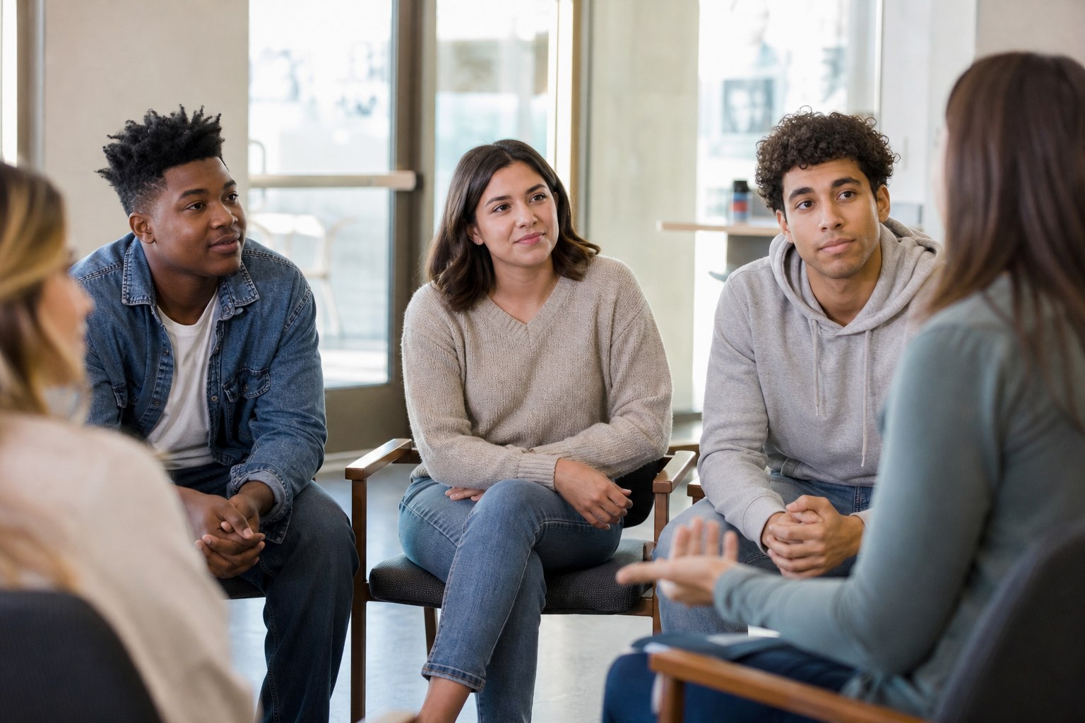 Supportive community of young people and counselors in a positive group session
