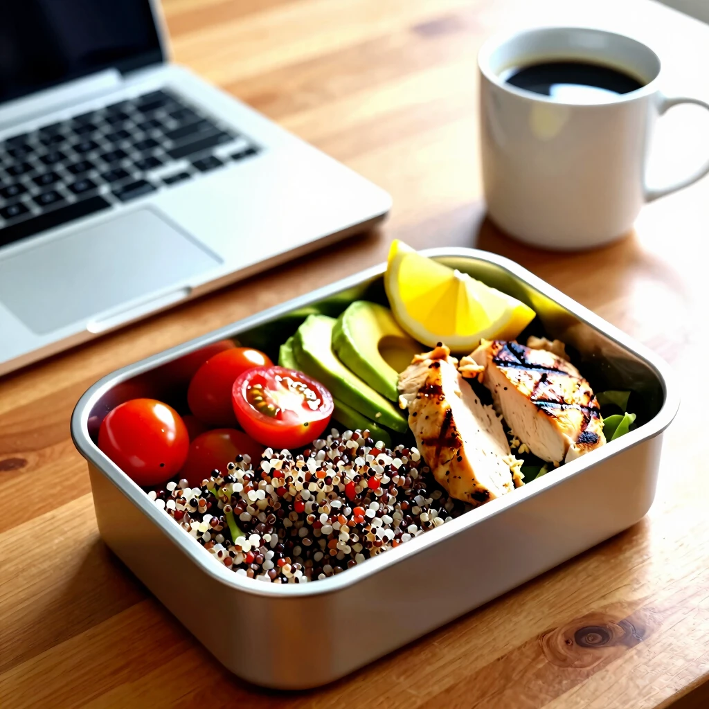 Colorful quinoa salad packed in a lunchbox ready for work