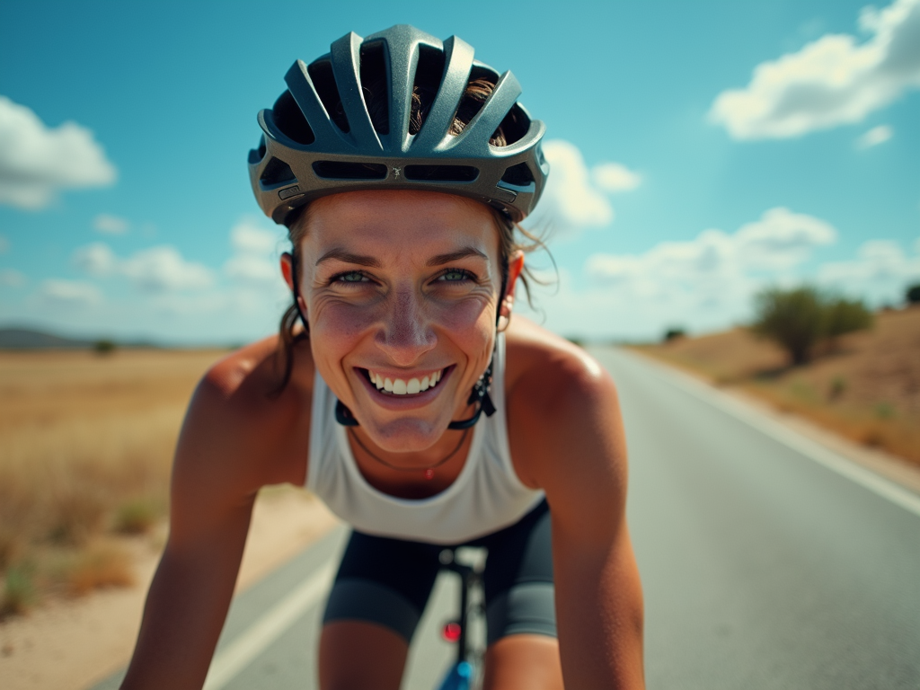 A person cycling on a sunny day with a clear blue sky.