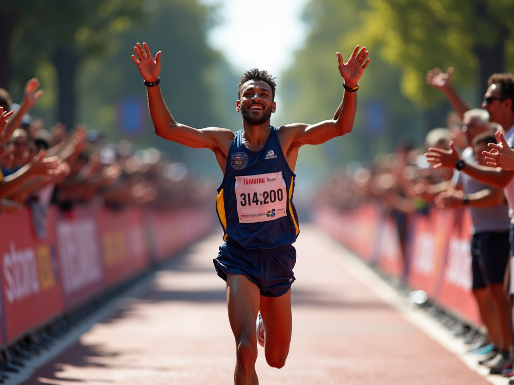 Runner celebrating at the finish line of a charity run