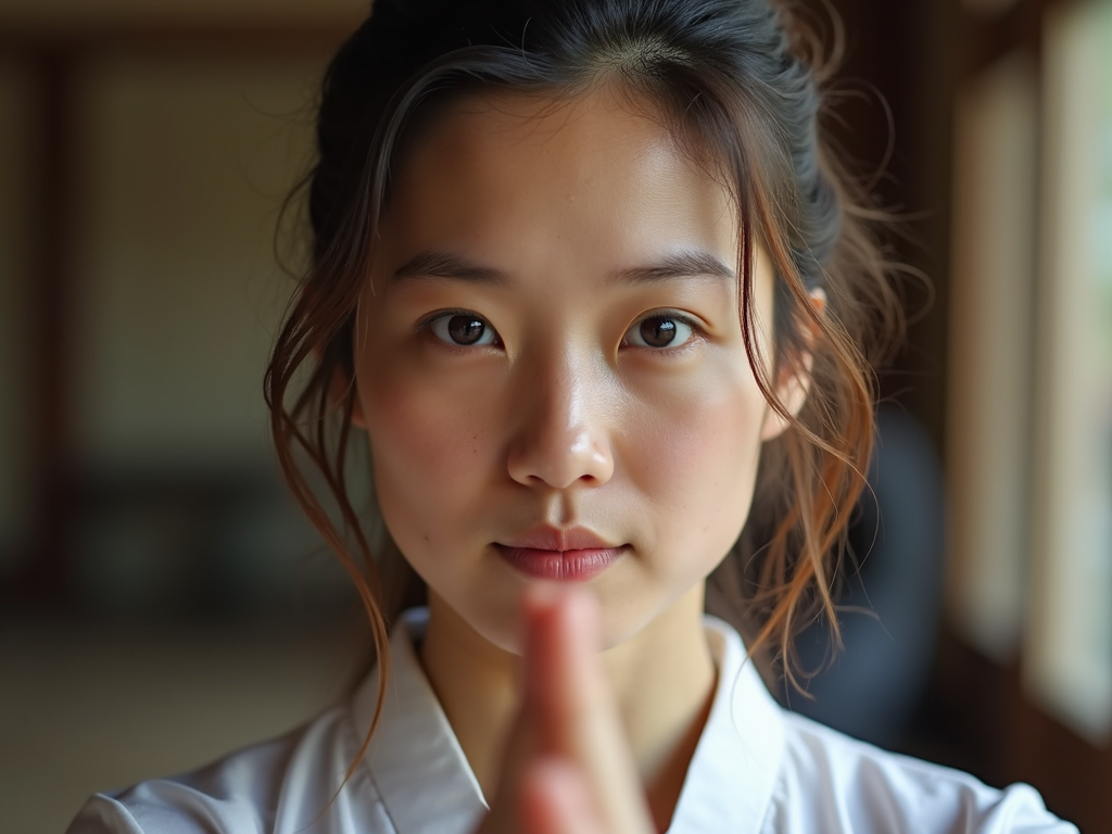 The serene expression of a Tai Chi practitioner, illustrating the mental benefits of the practice.