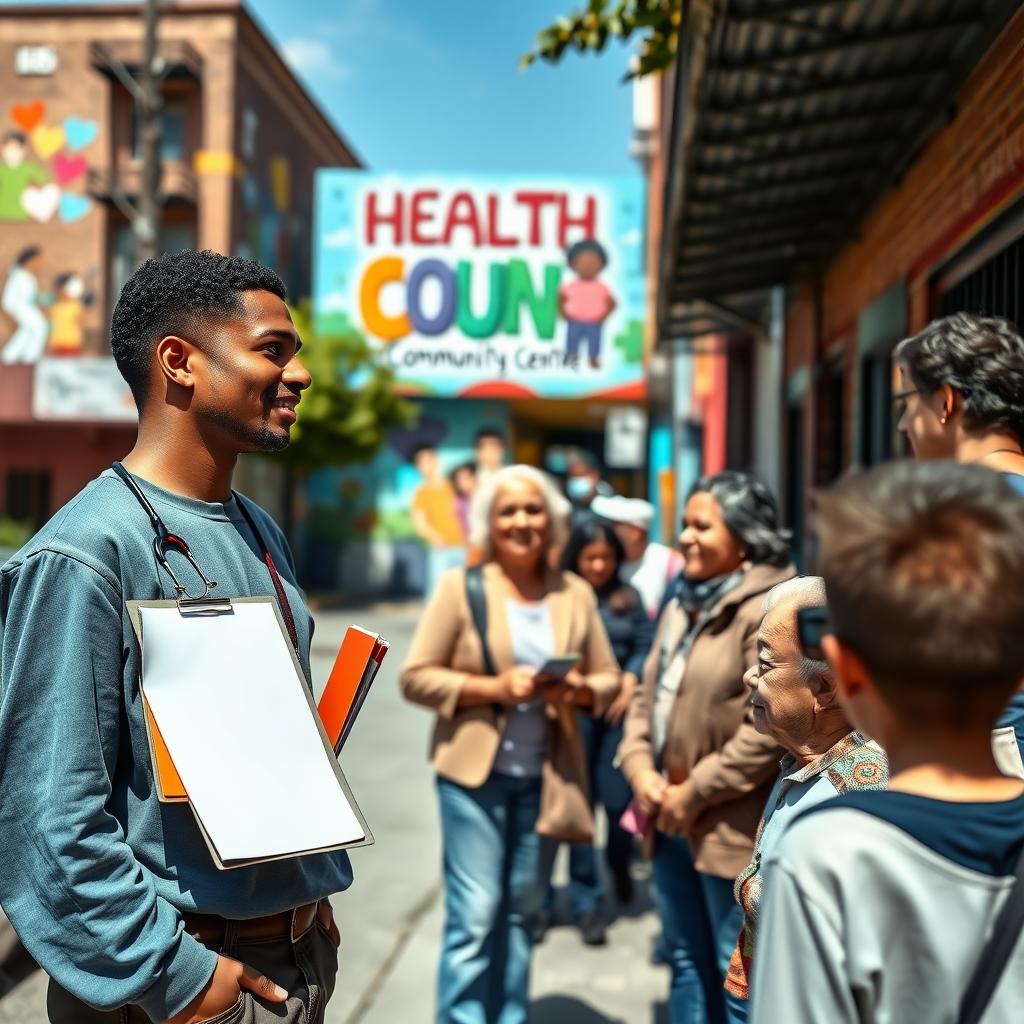 A community health worker engages with residents outside a community center.