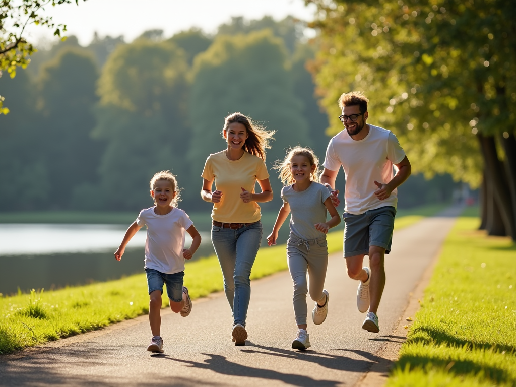 Family running together in a park