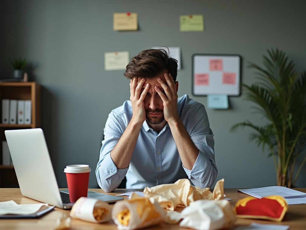 Stressed professional with fast food
