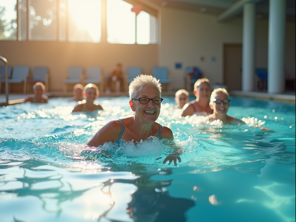 Seniors swimming happily in an indoor pool.