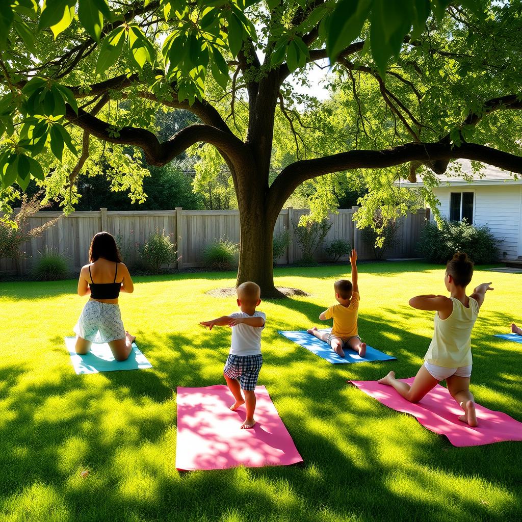 Family practicing yoga together in a peaceful backyard