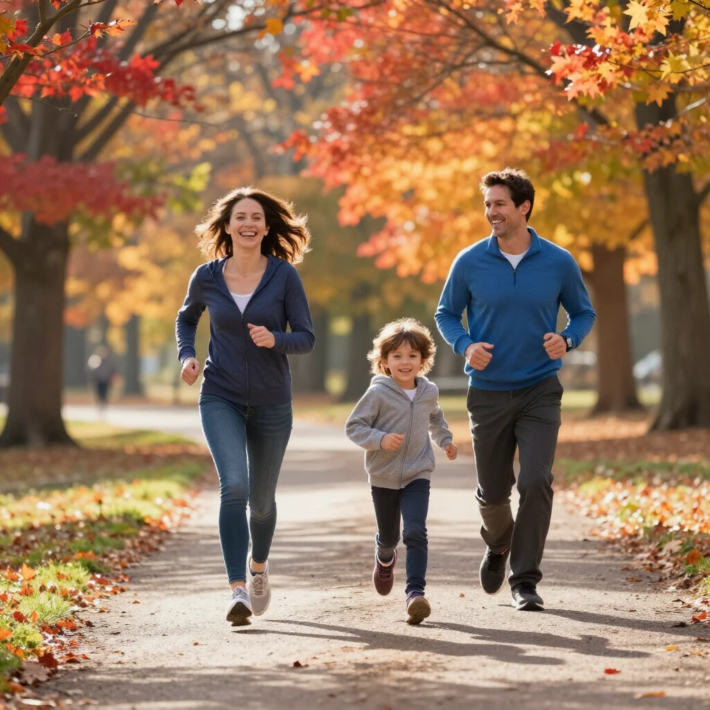 Family running together in an autumn park 5K fun run