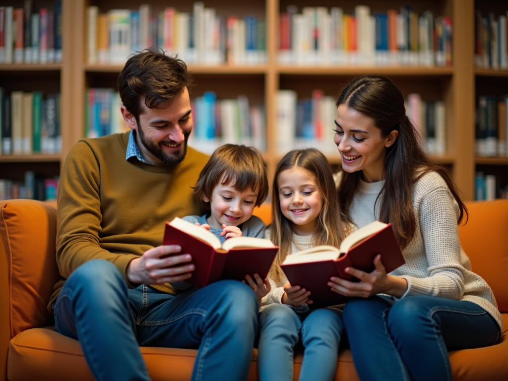 Family reading together in a cozy library corner