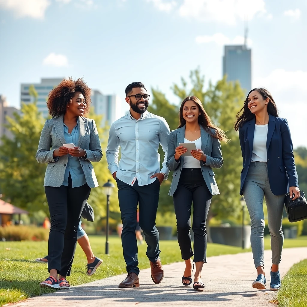 Colleagues enjoying a walking break outdoors to promote active lifestyle in the workplace