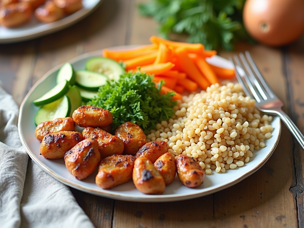 A colorful plate filled with different food groups, including vegetables, proteins, and grains, representing a balanced meal.