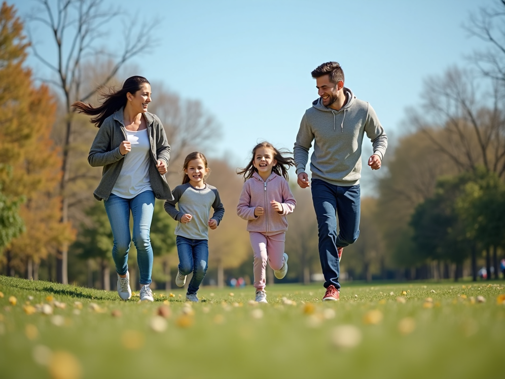 A family running together in a park, showcasing the joy of family fitness.